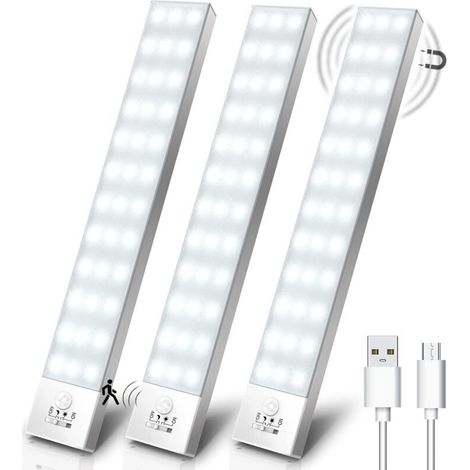 Closet Lights, Pack of 3, 5000K USB Wireless LED Closet Lights with Motion Sensor, Rechargeable, Built-in Magnet, Night Light for Wardrobe, Closet, Stairs, Kitchen, Hallway - 23cm (1/5)