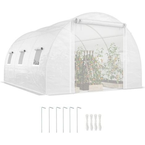Serre tunnel , bâche en plastique, porte en filet, poteaux de support, blanche