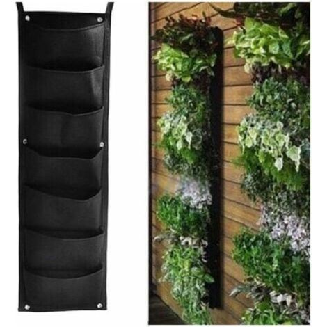 Lot de 7 sacs de plantation verticaux muraux, pots de fleurs verticaux, en feutre, réutilisables et respirants, pour décoration de jardin intérieur et extérieur (noir) (1/4)