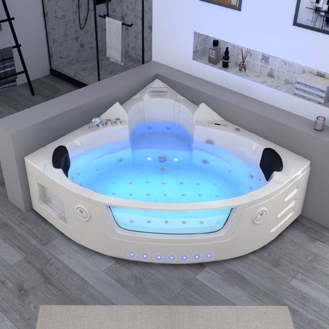 Distribain – Baignoire balnéo angle 2 places 39 jets – Acrylique renforcé – Dimensions 140 x 140 x 64 cm – Douchette multijets et ozonateur (1/5)