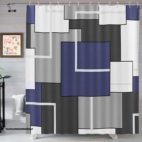 Filiyano-Ensemble rideau de douche bleu et blanc avec crochets (1/5)
