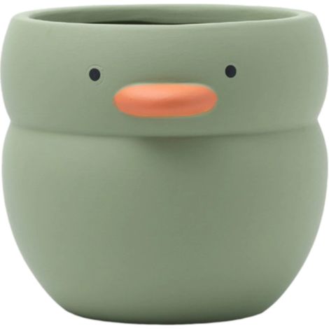 Pot de fleurs en céramique rond en forme de canard jaune mignon avec porte-stylo décoratif. Pot en argile respirant pour orchidée verte charnue. (1/5)