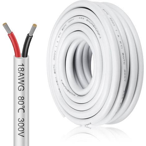 Câble électrique 18 AWG - 2 x 0,75 mm² - 6,1 m - Câble électrique à 2 fils - 5 V/12 V/24 V - Blanc - Câble de terre en cuivre étamé - 300 V - Flexible et souple - Résistance aux températures élevées (1/5)