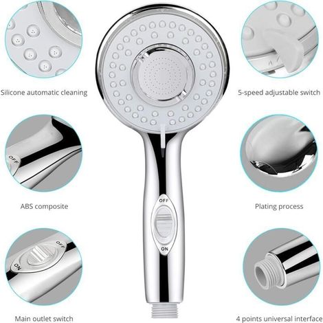 Pommeau Douche, Universel Pommeau de Douche Haute Pression, 5 Modes Economiseur d'eau et Bouton de l'interrupteur Douchette Pommeau Douche pour Le Bain et Le Spa-Acier Inoxydable (1/4)