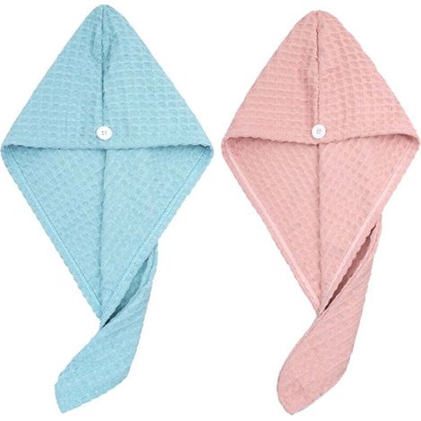 Serviettes en microfibre, lot de 2 turbans pour cheveux mouillés, ultra absorbants et à séchage rapide pour cheveux bouclés - rose et bleu (1/5)