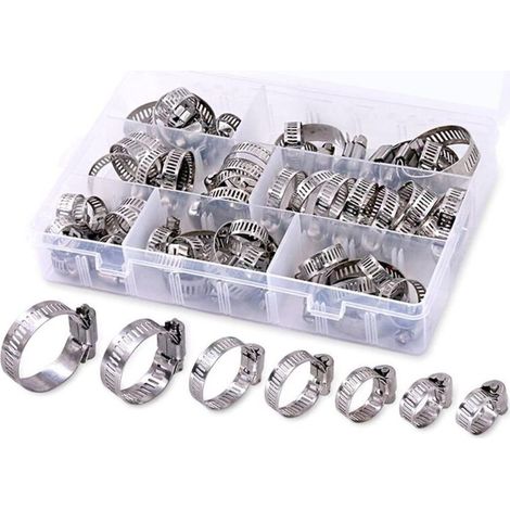Assortiment de colliers de serrage à vis sans fin réglables en acier inoxydable, 8–38 mm, 7 tailles, pour conduites de carburant, plomberie, automobile et génie mécanique, lot de 60 pièces (1/5)