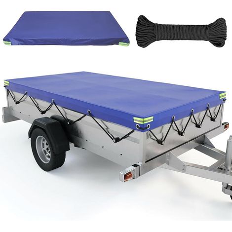 Lona para remolque de 208 x 114 x 10 cm con cuerda de sujeción, lona con tira reflectante, apta para varios modelos de remolques de coche de hasta 750 kg. (1/5)