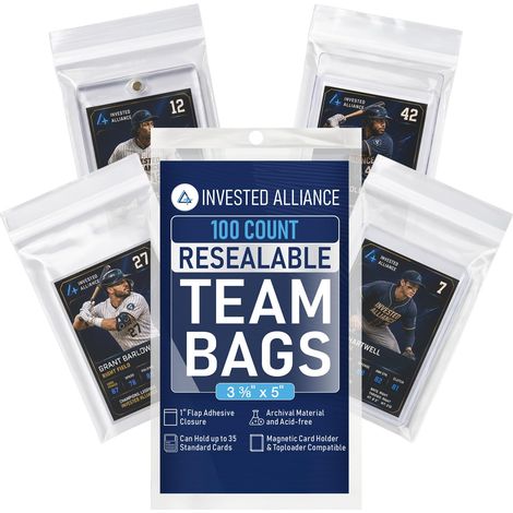 Sachets refermables Invested Alliance pour cartes à collectionner, pochettes haute transparence pour top loaders, étuis magnétiques et semi-rigides (1/5)