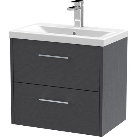Winshill Contemporary 2 Drawer Wall Hung Vanity Unit with Mid-Edge Basin, Woodgrain Dark Grey, 600mm (1/4)