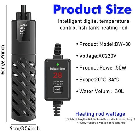 Mini chauffage d'aquarium, 50 W, chauffage submersible, température réglable, convient aux aquariums de 1 à 15 L, avec fonction d'arrêt automatique et régulateur de tension externe. (1/5)
