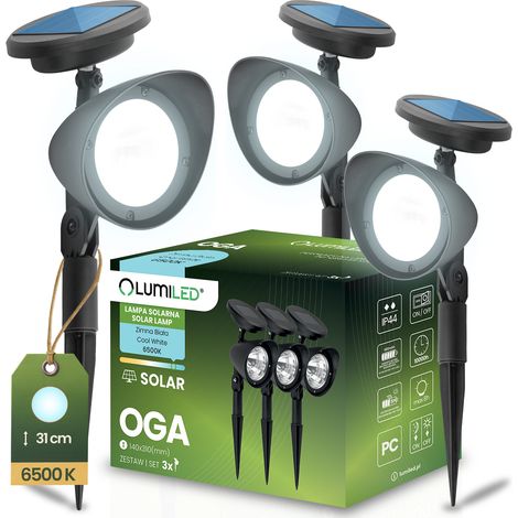 3 lampade solari a LED da giardino, nere, direzionali, OGA, faretto, IP44, 6500K, Lumiled (1/5)
