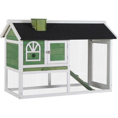 Wooden Rabbit Hutch and Run with Sliding Tray, Ramp, Water-resistant Roof, for 2-4 Rabbits, Green (1/5)