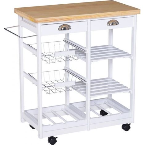 EASYCOMFORT Carrello da Cucina con Cassetti e Portabottiglie Legno e Bianco