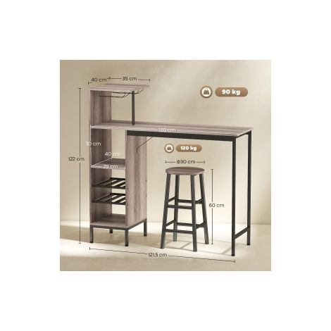 Ensemble bar gris 3 pièces avec rangement, porte-bouteilles, porte-verres et tabourets à repose-pieds pour cuisine et studio (1/5)