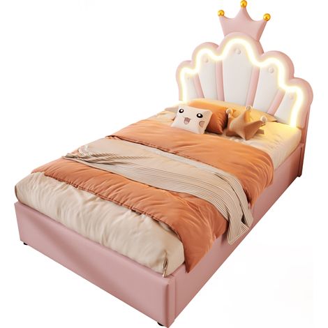 Lit coffre 90 x 200 cm avec LED, tête de lit réglable et rangement hydraulique, style couronne rose, sans matelas, pour chambre fille  CHICFURN (1/5)