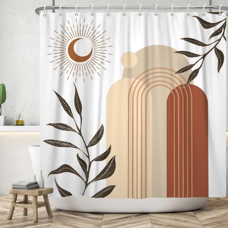 Cortina de ducha abstracta estilo boho de 180x200 cm, hojas negras, luna marrón, beige, blanco, impermeable con 12 ganchos.
