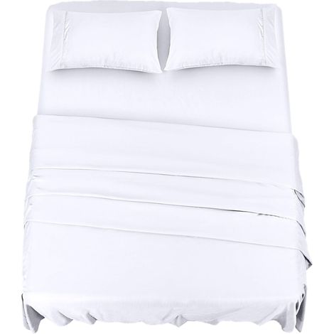 Polyester Microfibre Parure de lit (4 pièces, Blanc) - 1 Drap Housse 150x200cm, 1 Drap Plat 266x259cm et 2 Taies d'oreiller 50x75cm