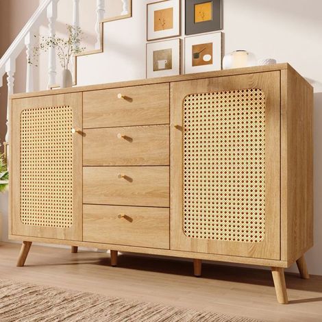 Buffet 140x40x86cm 4 Tiroirs et 2 Portes - Meuble De Rangement - Effet Rotin Chêne Clair, Étagères Réglables, Poignées Dorées (1/5)