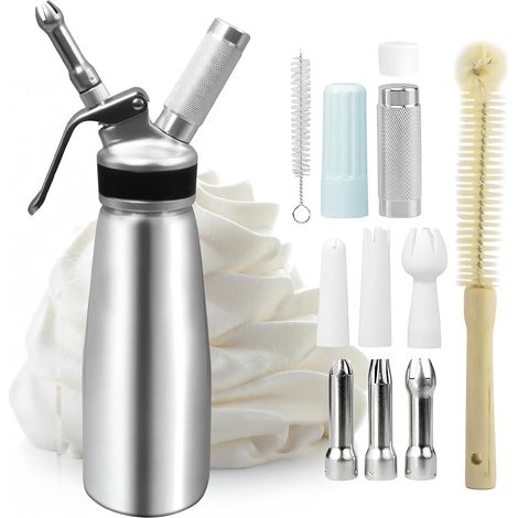 500 ml Aluminium Whipped Cream Dispenser Kit with 3 Stainless Steel Nozzles, 3 Plastic Nozzles and 2 Brushes for Cakes, Mousses, Desserts and Coffees (1/5)