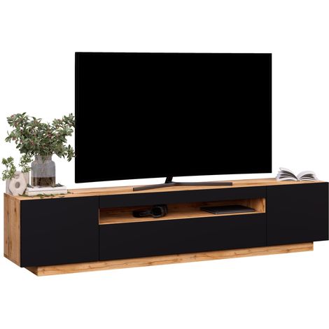 Meuble TV KUSH 200 cm bois et noir style industriel contemporain