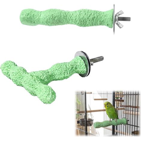 Lot de 2 Perchoirs Abrasifs pour Oiseaux, Pierre à User Bec et Griffes en Résine avec Fixation Métal, Forme Cylindre et T, Accessoires de Cage pour Perruche, Calopsitte, Inséparable et Conure (1/5)