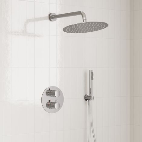 EVERSTEIN Duschsystem Chrom Regendusche Thermostat 38 Grad Unterputz 2-Funktionen-Set 12 Zoll Kopfbrause Handbrause Messingkörper 40 cm Duscharm G1/2 500.000 Zyklen geprüft (1/5)