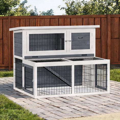 Clapier double étage en bois gris 122 x 95 x 93,5 cm (1/5)