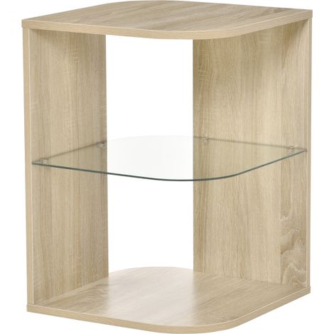 Beistelltisch im modernen Design, Sockeltisch, Ablage, Regal, gehärtetes Glas, Naturholz