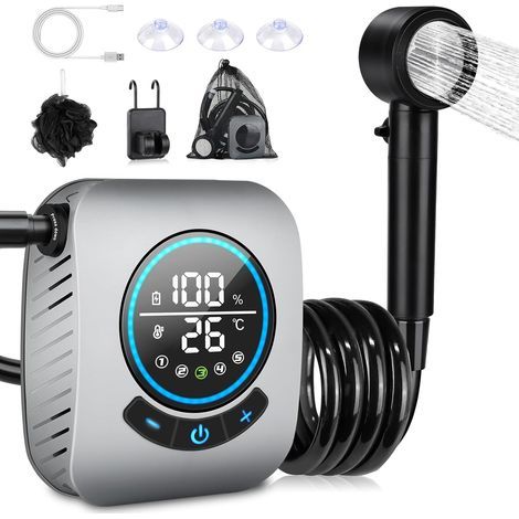 Camping Shower, Portable Shower, Camping Shower Kit, Rechargeable Electric Shower Pump, with Smart Display and 4 Modes Shower Head for Outdoor, Camping, Pets (1/5)