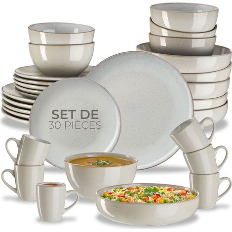 Set de vaisselle 30 pièces en faïence 6 personnes fait main gris