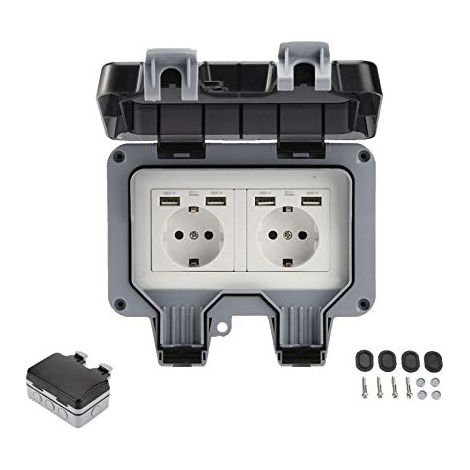Prise de courant extérieur IP66 Connecteur USB avec double interrupteur mural Prise avec couvercle rabattable pour jardins extérieurs et garages (double) (1/5)