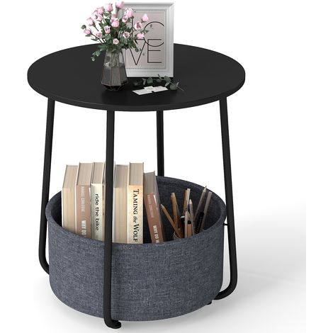COSTWAY Round Side Table 2-Tier End Table with Fabric Storage Basket-Black (1/5)