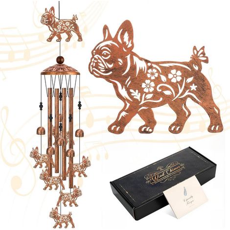 Windspiel Bulldogge Bronze Metall 90cm mit 4 Rohren & 6 Figuren, Garten Deko Geschenk