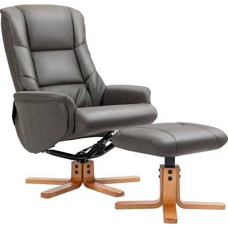 Poltrona relax con poggiapiedi, schienale reclinabile e basculante, seduta imbottita, rivestimento in materiale sintetico grigio.
