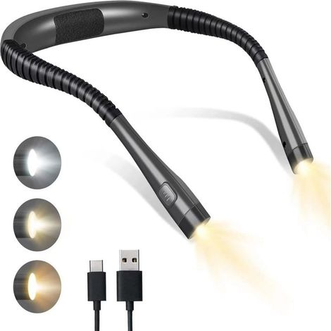 Lampe de lecture rechargeable pour le cou, 3 couleurs, 3 niveaux de luminosité, bras flexibles, longue autonomie, idéale pour lire, tricoter ou réparer. (1/5)
