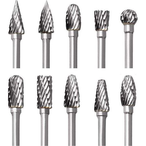 Jeu de Fraises en Carbure de Tungstène pour , 10 Pièces Fraises Rotatives à Double Coupe avec Tige de 1/8" pour Sculpture sur bois, Gravure, Perçage, Polissage, Travail du métal (1/4)