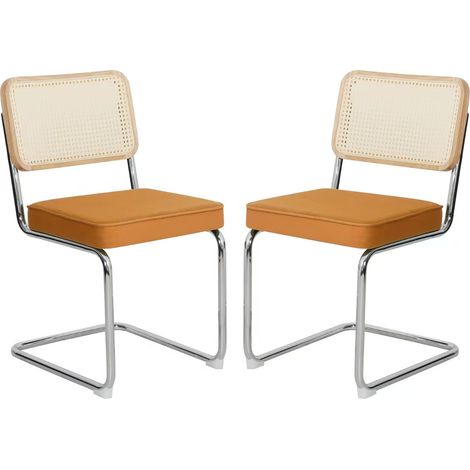 Lot de 4 chaises de salle à manger en velours et rotin, chaises d’appoint avec pieds chromés, chaises modernes de style Breuer du milieu du siècle, chaises rembourrées pour salle à manger, salon et cu (1/5)