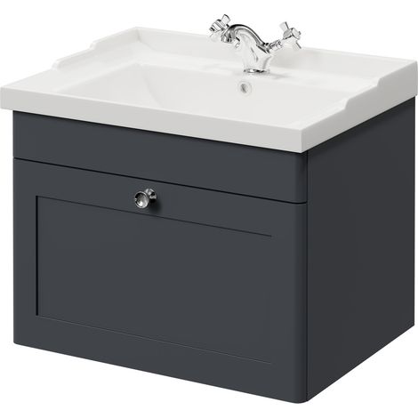 Wholesale Domestic Danbury Satin Anthracite 600mm Wall Mounted Vanity Unit with 1 Tap Hole Traditional Basin and Single Drawer with Polished Chrome Handle (1/5)