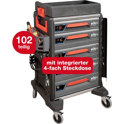 Wiha – Kit de servante d'atelier eMobility 102 pièces – Outils VDE testés 10 000V – Chariot avec prise quadruple intégrée – Pour véhicules électriques (1/5)