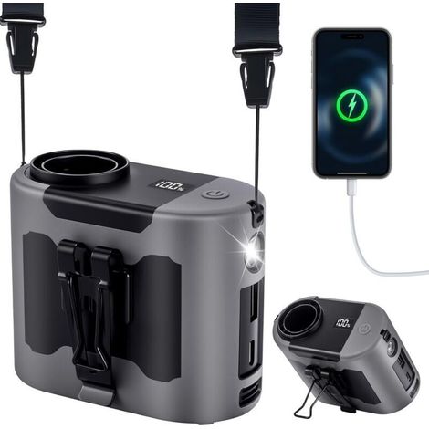Ventilateur Portable 10000mAh 40H, Ventilateur de Taille 5 Vitesses 16000RPM avec Lumière LED Ventilateur de Cou à Mains Libres for Extérieur, Chantier, Ferme,Voyage, Pêche (gris) (1/4)