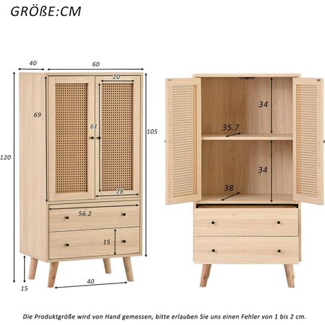 Commode 2 portes et 2 tiroirs – Façades en rotin, bois, buffet haut, polyvalente pour couloir, chambre, salon, salle à manger – Charme naturel et aéré (1/5)