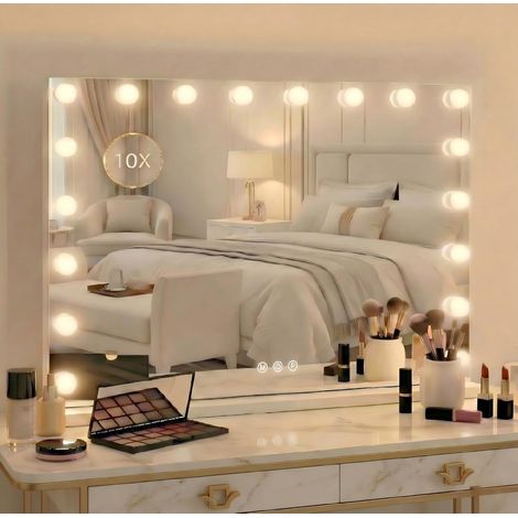 Miroir Coiffeuse de Maquillage 80×60 cm, LED 18 Lampes Super HD Vanity Mirror Makeup pour Femmes, avec Commande Tactile 3 Couleurs De Lumière, Port USB–pour, Inclut Grossissant ×10 (1/5)