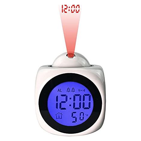 LED Réveil avec Projection, Réveil Numérique, Reveil Projecteur Plafond, Réveils Matin avec écran de température de Temps, Calendrier, Sons d’Alarme (Blanc) (1/4)