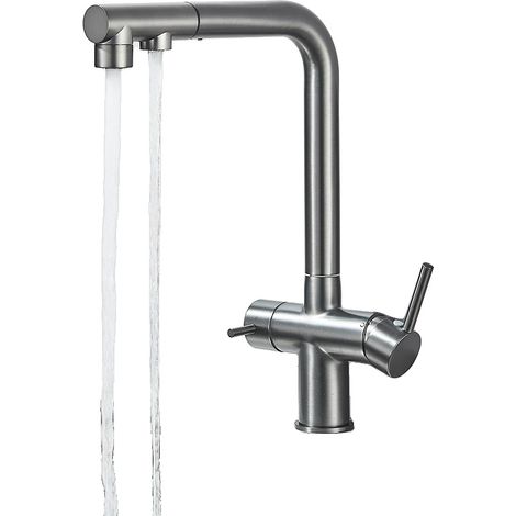 Rubinetto da cucina, doppia maniglia, doccetta estraibile, grigio B (1/2)