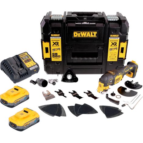 Multitool a batteria DeWalt DCS 356 H2T 18 V brushless + 2 batterie Powerstack da 5,0 Ah + caricabatterie + 20 accessori + TSTAK (1/5)
