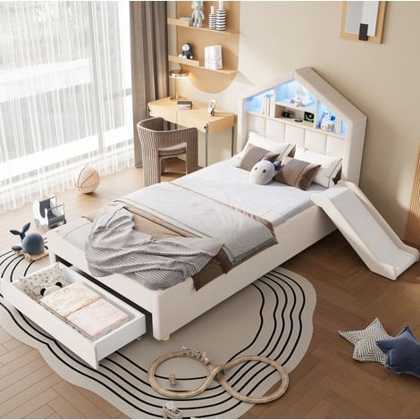 Kinderbett 90/200 cm Beige aus Samt mit Rutsche, LED, Ladeanschluss und Bettkasten (1/5)