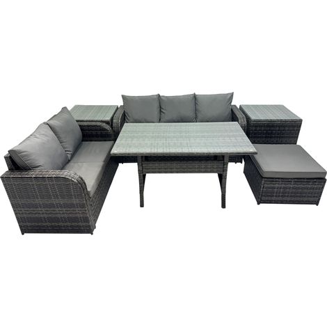 Fimous 6 Seat Outdoor Wicker PE Rattan Garden Furniture Set Dining Table Sofa Sets with Big Stool 2 Side Tables Dark Grey Mixed (1/5)