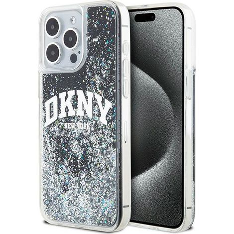 Funda rígida negra DKNY DKHCP15XLBNAEK para iPhone 15 Pro Max de 6,7" con purpurina líquida y logotipo grande. (1/5)
