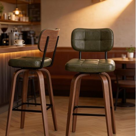 Tabouret de bar pivotant en PU, dossier en bois courbé, structure métal, vert, lot de 2 DESVIAE (1/5)