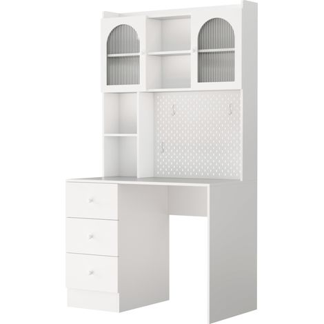 Scrivania multifunzionale bianca con libreria, vetrina in vetro e 3 cassetti, 100 x 55 x 180 cm, MDF (1/5)